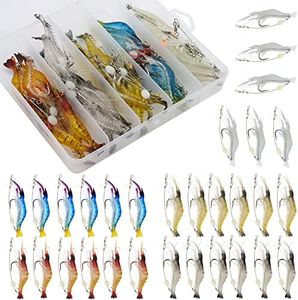 Goture Soft Shrimp Lures Luminous Shrimp Bait Set Fishing Lures with Sharp Hooks for Freshwater Saltwater Trout Bass Salmon Crappie Walleye Pike Perch,30pcs Shrimp Lures with Fishing Tackle Box