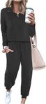 ELESOL Sweatsuits 2 Piece Outfits for Women Quarter 1/4 Zip Warm Long Sleeve Cotton Tracksuit Set Comfy Jogger Set Black，S