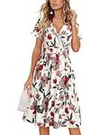 VOTEPRETTY Women's Short Sleeve V Neck Wrap Summer Dress Midi Casual Floral Sundress with Pockets(Floral28,M)