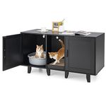 GYMAX 2-Door Cat Litter Box Enclosure, Large Stackable Hidden Privacy Kitty Washroom Furniture Cabinet with Winding Entry and Scratching Board, Indoor Cat House TV Stand Side Table (Black)