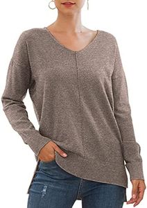 Jouica Womens V Neck Sweatshirt Side Split Loose Casual Sweater,Brown,Small