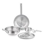 Bergner Be Bergner Essentials TriPly Stainless Steel 4 Pcs Cookware Set - 22cm Indian Wok/Kadai with Common Lid, 22cm Frypan, 10cm Tadka Pan, Even Heating, Induction Bottom and Gas Stove Ready