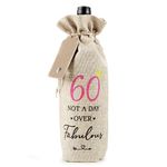 GEBETTER 60th Cotton Linen Wine Gift Bag Drawstring Bottle Bag for Wine with Tag and Rope 60 Years Old Birthday Gift Wine Bottle Cover Gift Bags for Women Wife Friends