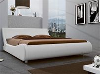 SHA CERLIN King Size Platform Bed Frame - Stylish Low Profile Design, Ergonomic Faux Leather Headboard, No Box Spring Needed, Modern Sleigh Bed, White