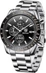 BENYAR Luxury Stainless Steel Party-Wear Chronograph Date Display Watch For Men, Black Dial, Silver Band