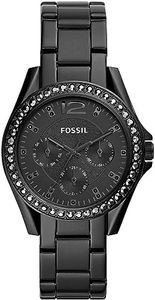 Fossil Riley Reloj para mujer, movimiento cronógrafo con correa de acero o piel, Negro y purpurina, 38MM