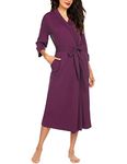 Hotouch Women Soft Cotton Kimono Robes Long Knit Bathrobe Lightweight Soft Knit Sleepwear V-Neck Casual Ladies Loungewear(Purple RedXL)