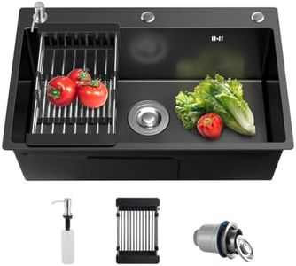 ARTLINE 16 Gauge Black Kitchen Sink, 3 Hole Stainless Steel Kitchen Sink, Drop In/Topmount Single Bowl Workstation Sink, Farmhouse Workstation Sink with Multiple Accessories (19.7 x 17.7in)