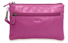 SADDLER Real Leather Carry All Zip Top Mini Clutch Purse Cosmetic Bag| Ideal for Phone | Detathable Wrist Strap | RFID Protected | Gift Boxed - Magenta