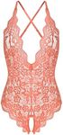 Women One Piece Lingerie Sexy Teddy Lingerie V Neck Sexy Bodysuit Lace Nightie, Pink, Medium