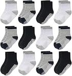 CozyWay Non-Slip Crew Grip Kids Socks, 12 Pack for Boys & Girls, Black/White/Gray with Black or Gray Heel, 5-7 Years Old