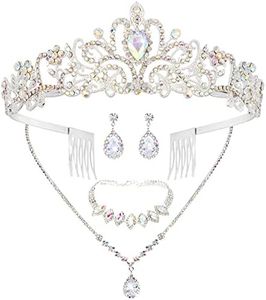 CIEHER 4/5 Pieces Women Jewelry Set - Rhinestone Crown + Drop Necklace + Elegant Bangle Bracelet + Crystal Teardrop Dangle Earrings for Bridal Wedding Party