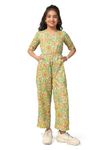 Fashion Dream Girl's Ankle Length Floral Printed Jumpsuit (FDGJMP00072 GRN 40_Green_13-14 Yrs)