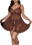 OYOANGLE Women's Plus Size 2 Piece Lace Sheer Open Front Underwire Chemise Nightdress with Panty Lingerie Set Coffee Brown XX-Large Plus