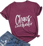 Chaos Coordinator T Shirt Women Funny Letter Print T-Shirt Tees Casual Loose V-Neck Short Sleeve Tops Blouse, Burgundy, Medium