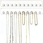 Boxy Concepts Necklace Organizer - 2 Pack - Easy-Install 10.5"x1.5" Hanging Holder Wall Mount with 10 Necklace Hooks - Beautiful Necklace Hanger also for Bracelets, Earrings, and Keys (Clear)