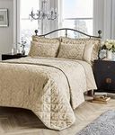 Olivia Rocco Luxury Savoy Bedspread Quilted Throw And Pillow Shams Set King Size Bed Throw Comforter, 220 x 230 cm Gold