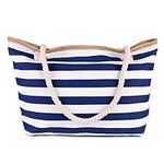 Waterproof Beach Bag for Women with Zipper Waterproof Beach Tote Bags,Canvas Stripe Rope Handles for Women Ladies Girls Summer Tote Bag Shoulder Bag Shopping Bag