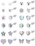 Thunaraz 12 Pairs Hypoallergenic Screwback Earrings for Women Girls 316L Stainless Steel Cute Ball Heart CZ Screw Back Earring Studs Multicolored Star Flower Butterfly Turtle Stud Earrings Set 20G Silver