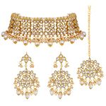 Aheli Elegant Indian Faux Kundan Studded Choker Necklace with Maang Tikka Earrings Set Ethnic Wedding Festive Wear Fashion Jewelry Gift for Women