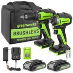 Greenworks 24V Brushless Cordless Drill Impact Driver Combo kit, 1/2”Drill & 1/4”Hex Impact Driver Power Tool Kit, Included 2 Batteries, 1 Charger, 8 pcs Bit Set & Bag, Green