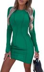 PRETTYGARDEN Fall Bodycon Mini Dresses for Women Casual Long Sleeve Solid Color Short Tight Ladies Party Club Fashion Dress (Green,X-Large)