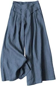 Bianstore Womens Cotton Linen Palazzo Pants Casual Elastic Waist Wide Leg Capri Pants Culottes, Blue, Large