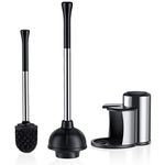 Toilet Plunger Bowl Brush Set: Hideaway Heavy Duty Toilet Plunger Scrubber Cleaner Holder Combo for Bathroom with Covered Caddy - Hidden Elongated Discreet Apartment Toilet Plunger Brush Accessories