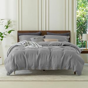 EVERLY 100% Pure Linen Duvet Cover Set Oversized King Size 120X98Inch 3pcs(1 Duvet Cover,2 Pillowcases) Soft and Breathable All Season with Coconut Button Closure Suitable for Hot Sleepers-Grey