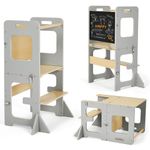 Toddler Standing Tower, Learning Standing Tower, 2-in-1 Kitchen Wooden Stool Helper with Chalkboard Montessori and Waldorf Helper for Kids in Kitchen (Grey)