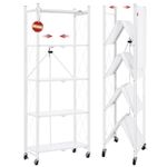 DEANIC 5-Shelf Foldable Storage Shelves with Wheels, Heavy Duty Shelving Unit, Freestanding Metal Wire Shelf Rack, No Assembly Organizer Rack for Garage Kitchen, Basement, Pantry, White