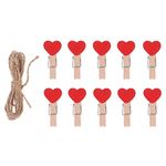 Nisco 10 pcs Red Hearts Shape Wooden Clips with 1 Meter Twine Jute Rope, Multi-Function pins, Photo Paper Peg, Pin Craft Clips for Home School Arts Crafts Decor, Size: 3.5 cm