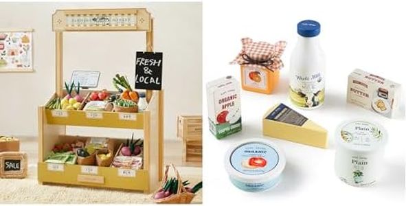 Tiny Land Wooden Play Store & Wooden Dairy & Drinks Set – 2-in-1 Montessori Pretend Grocery & Kitchen Toy Bundle, Includes Milk, Juice, Cheese & Cash Register for Kids Ages 3+