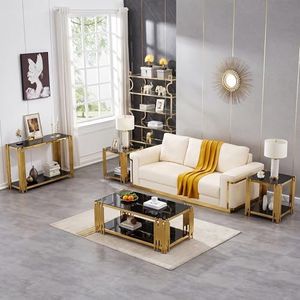 Sybrioka 51" Luxury Glass Coffee Table Set of 4, Modern Console Table with 2 End Tables, Black Tempered Glass Top & Golden Stainless Steel Leg, 4-Piece Living Room Table Set for Apartment Home Decor