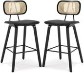 Bekrvio Counter Height Bar Stools Set of 2, 26" PU Leather Upholstered Rattan Barstools, Mid Century Modern Bar Chairs with Black Wood Legs, Armless Walnut Kitchen Island Dining Bar Chair, Black