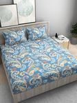 DECOMIZER Cotton Feel Glace Cotton Elastic Fitted Printed King Size Double Bed Bedsheet with 2 Pillow Coverm Fits Upto 8 inches Mattress,Size- 72x78x10 Inches,Navy Ambi