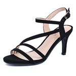 IDIFU Women's Black Nude White Silver Heels for Women Dress Kitten Heels Strappy Open Toe Heels Sandals Wedding Evening Party Shoes for Women Ladies Bridal, Black Nubuck, 7.5