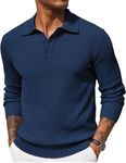 COOFANDY Mens Knit Polo Shirts Long Sleeve Casual Polo Sweaters Shirt Waffle Textured Collared Sweater, Dark Blue, Large