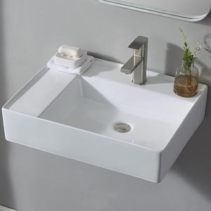 COMLLEN Wall Mount Sink, 24”x18” Wall Mounted Bathroom Sink with Self Rimming Countertop, 24 Inch Rectangle Vessel Floating Sink White Porcelain Ceramic Wall Hung Lavatory Vanity Sink