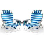 COSTWAY Folding Backpack Beach Chair, Adjustable Position Camping Chair with Headrest, Towel Rack and Storage Pockets, Outdoor Sun Lounger for Picnics, BBQ & Fishing (2, Striped Blue)