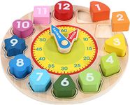 Wondertoys Wooden Shape Sorting Clock Toy with Numbers and Shapes Teaching Time Educational Gifts for Children