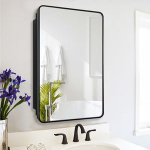 FOMAYKO Farmhouse Black Framed Recessed Mount Bathroom Medicine Cabinet with 16"x26" Mirror, Bathroom Storage Cabinet with Large Space
