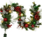 Adeeing 6 FT Christmas Garland with Lights, Pre-lit Outdoor Garland with Battery Operated 20 LED Lights, Holiday Garland with Stars, Flower, Berry Branches(Red and Green)