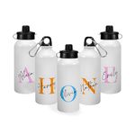 Print Maniacs Personalised Water Bottle School Sport Cap Drink White Silver 600ml or 400ml Aluminium Kid Boys Girls Biking Gift Initial Name (White, 400ml)