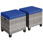 Tangkula 2 Pieces Patio Rattan Ottomans, Outdoor Wicker Footstool Footrest Seat with Soft Cushions and Steel Frame, All-Weather Patio Ottoman Set for Backyard Garden Poolside