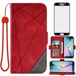 Asuwish Compatible with Samsung Galaxy S6 Edge Wallet Case and Tempered Glass Screen Protector Leather Flip Card Holder Stand Full Body Protective Cell Phone Cover for Glaxay S6edge 6s 6 S 6edge Red