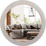 Reflinto 32" Round Mirrors for Wall Decor Wooden Decorative Mirrors, Farmhouse Circle Mirror for Bathroom Rustic Distressed Hanging Mirror for Living Room, Foyer, Entryway