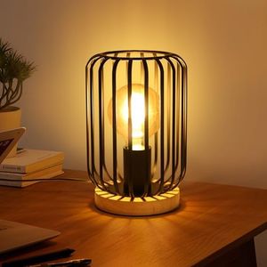 Pheashine Lampe de Table Industrielle Vintage Lampe de Chevet Métal Cage Bois et Noir Lampe de Table con Interrupteur et Câble E27 Douille Pour Chambre, Salon, L'étude, Bureau 60W Máx.