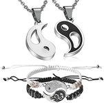 YATEICBC 4 x Yin Yang Necklace Bracelet Set for Couples BFF Matching Bracelet Adjustable Rope Puzzle Pendant Necklace Chain for Best Friend Beaded Lanyard Bracelet Matching Necklace