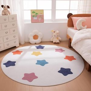 Amazon Basics Kids Printed Round Area Rug, Soft, Non-Slip, Machine Washable, 6‘ R, Colorful Stars